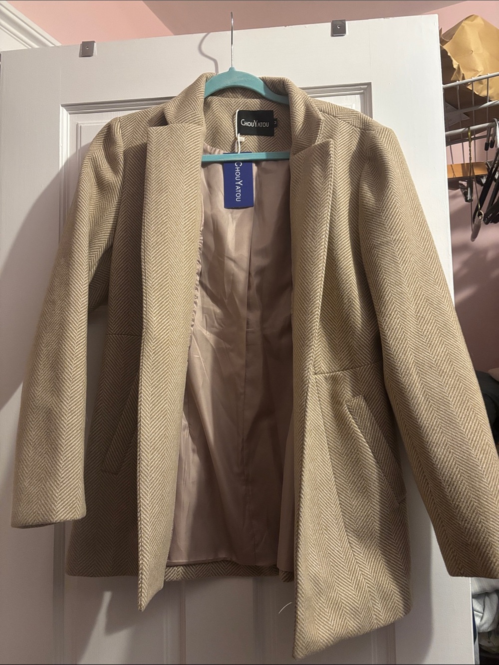 Chouyatou Women's Beige Herringbone Open Blazer Jacket